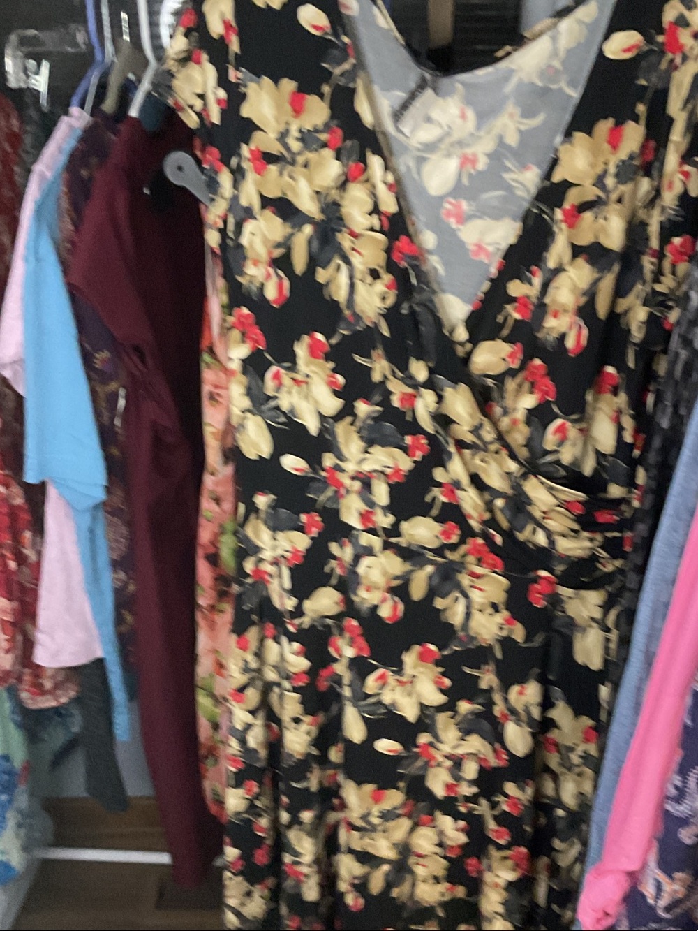 Van Heusen Black Floral Wrap Dress with Cream and Red Accents